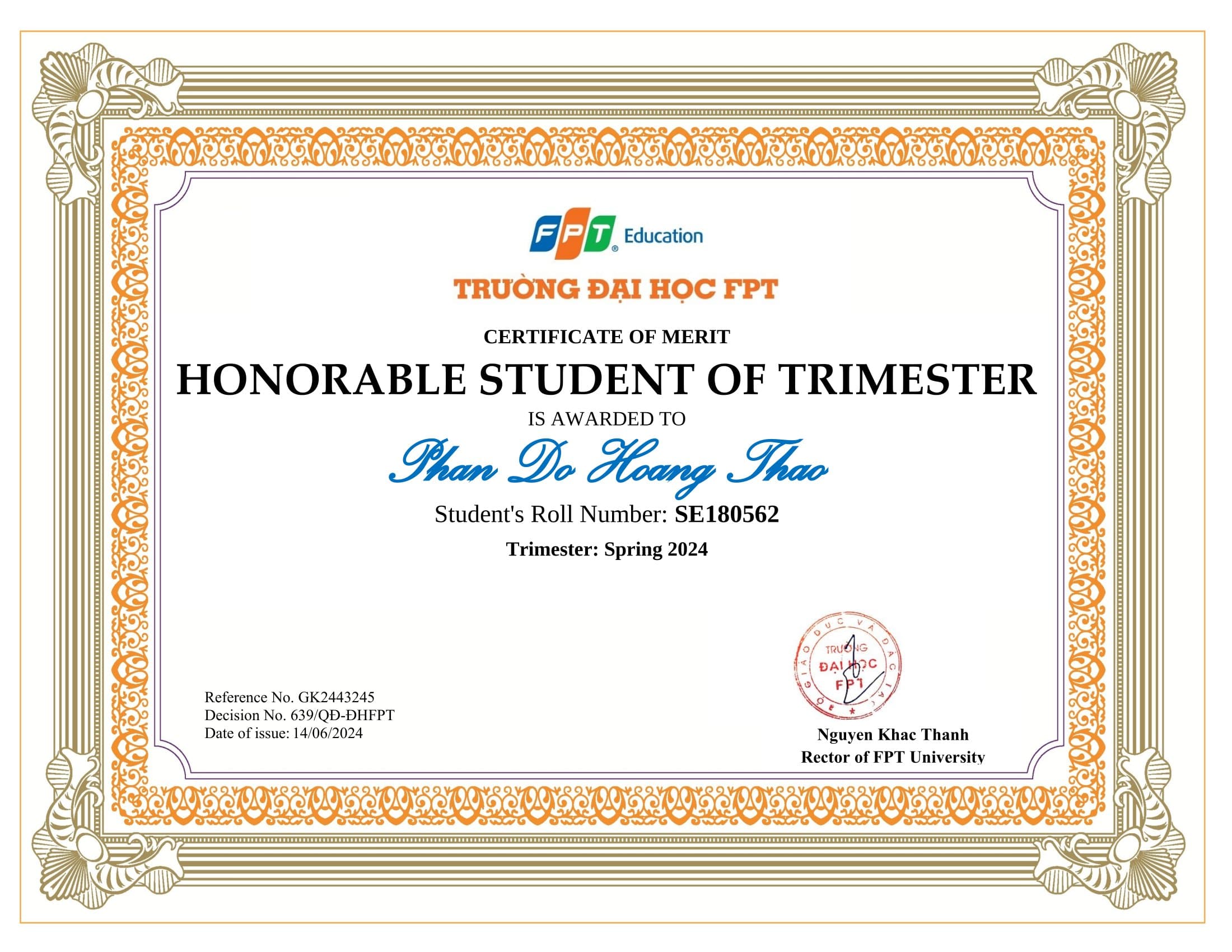 Honorable Student — Spring 2024