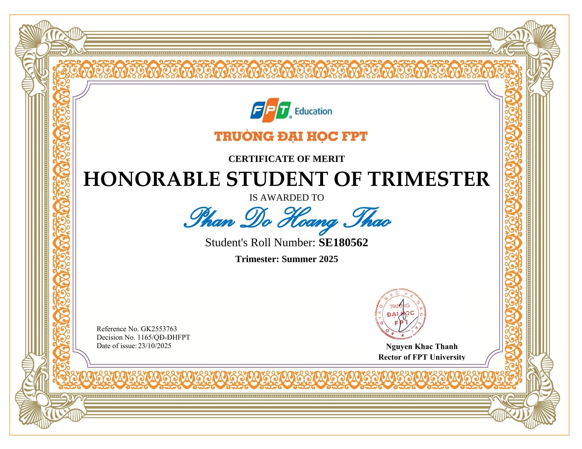 Honorable Student — Summer 2025